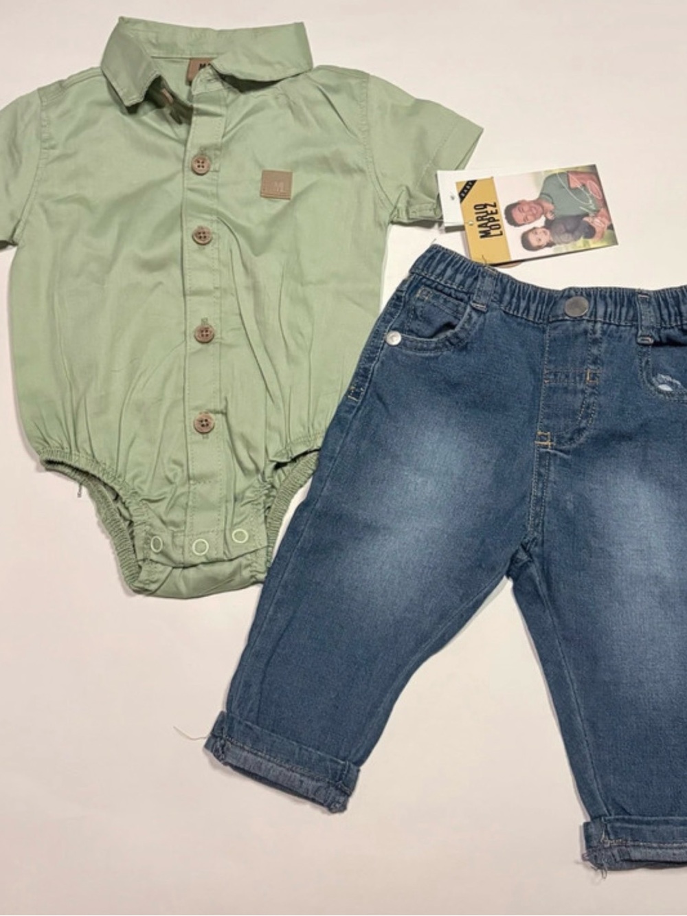 Kids Matching Set - Sage Green Button Bodysuit & Denim Pants